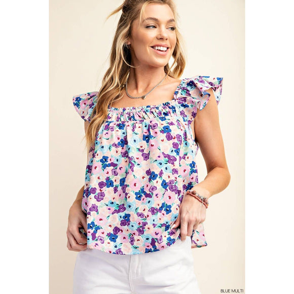 Women's Short Sleeve - Flowery Peach Skin Fabric Square Neckline Top - BLUE MULTI - Cultured Cloths Apparel