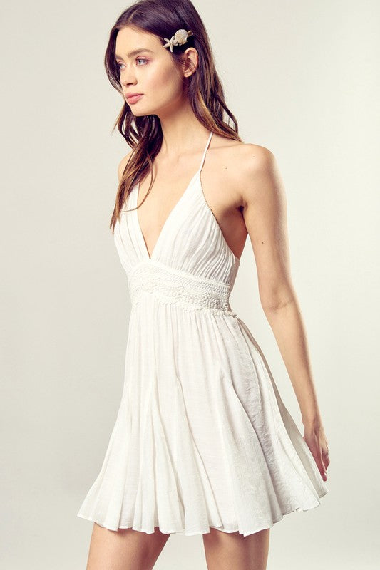  - Lace Trim with Back Drawstring Dress - WHITE - Cultured Cloths Apparel