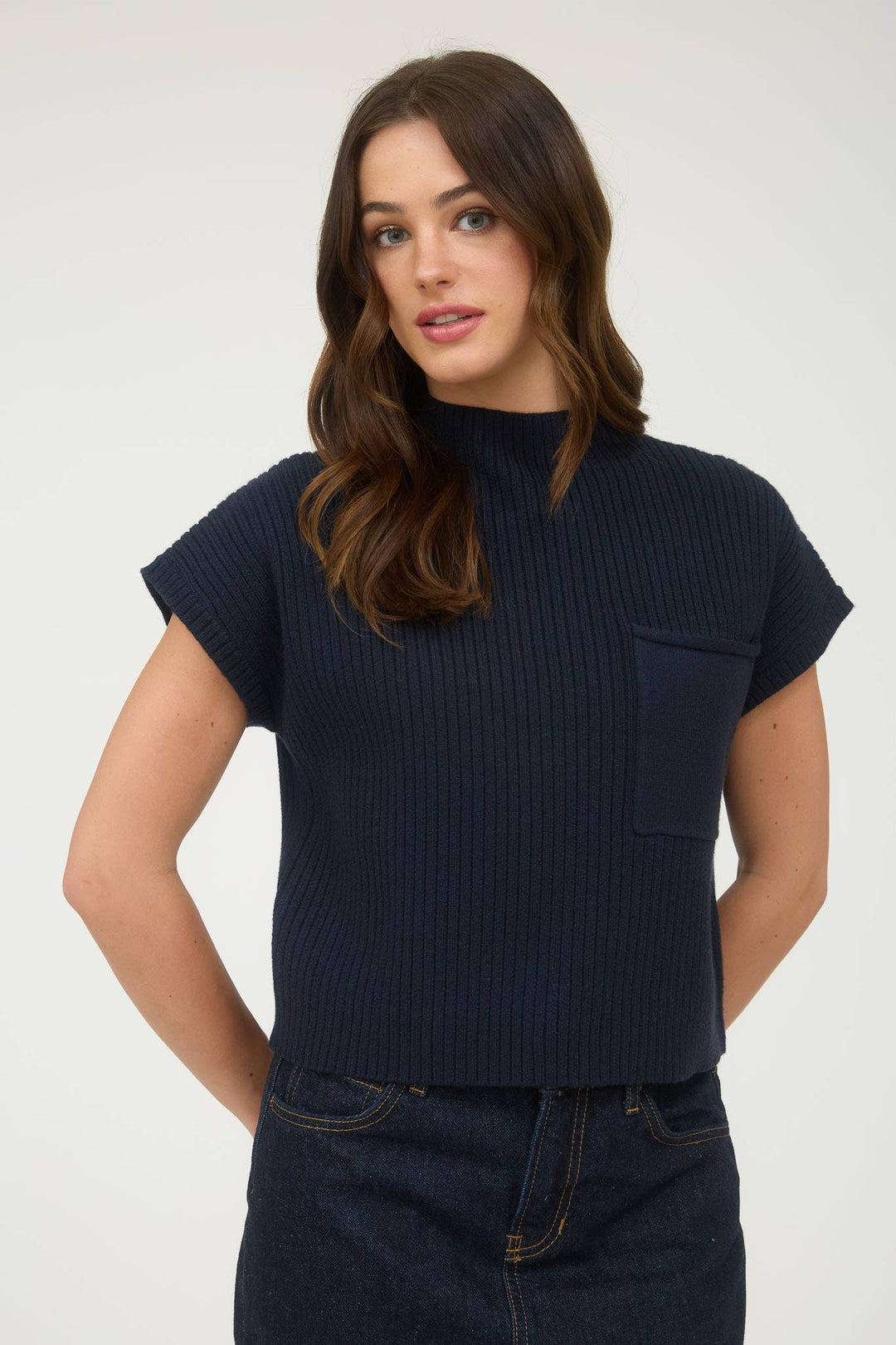 Women's Short Sleeve - MOCK NECK POCKET DETAIL SHORT SLEEVE KNIT SWEATER - - Cultured Cloths Apparel