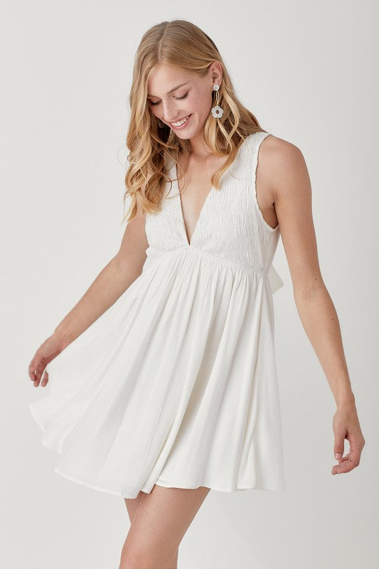 Women's Dresses - V Neck Smock Sleeveless Dress - CREAMY WHITE - Cultured Cloths Apparel