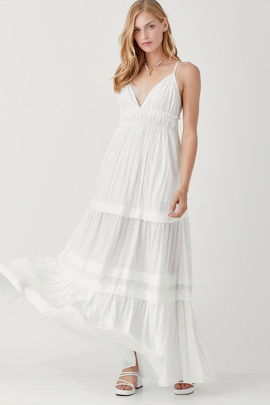 Women's Dresses - Shirred Ruffle Folded Detail Maxi Dress - OFF WHITE - Cultured Cloths Apparel