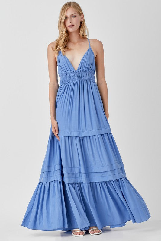 Women's Dresses - Shirred Ruffle Folded Detail Maxi Dress - SOFT DENIM - Cultured Cloths Apparel