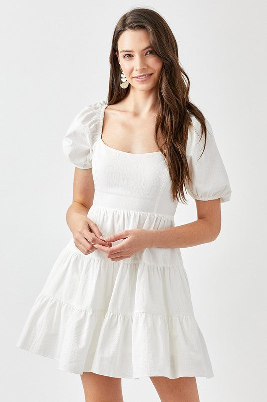  - Puff Sleeve Back Double Tie Tiered Dress - OFF WHITE - Cultured Cloths Apparel