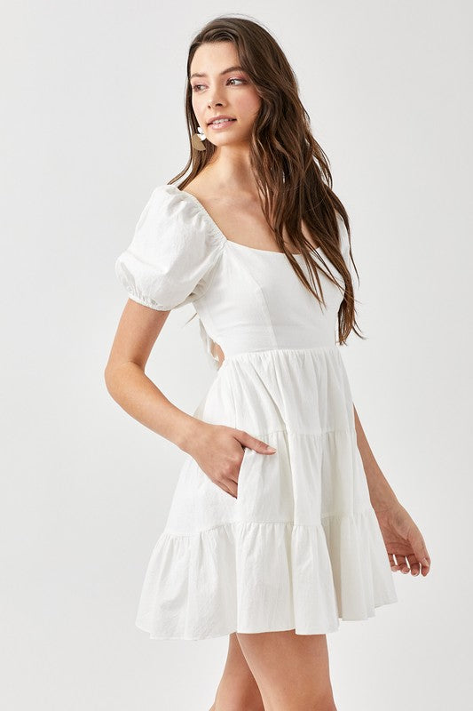  - Puff Sleeve Back Double Tie Tiered Dress -  - Cultured Cloths Apparel