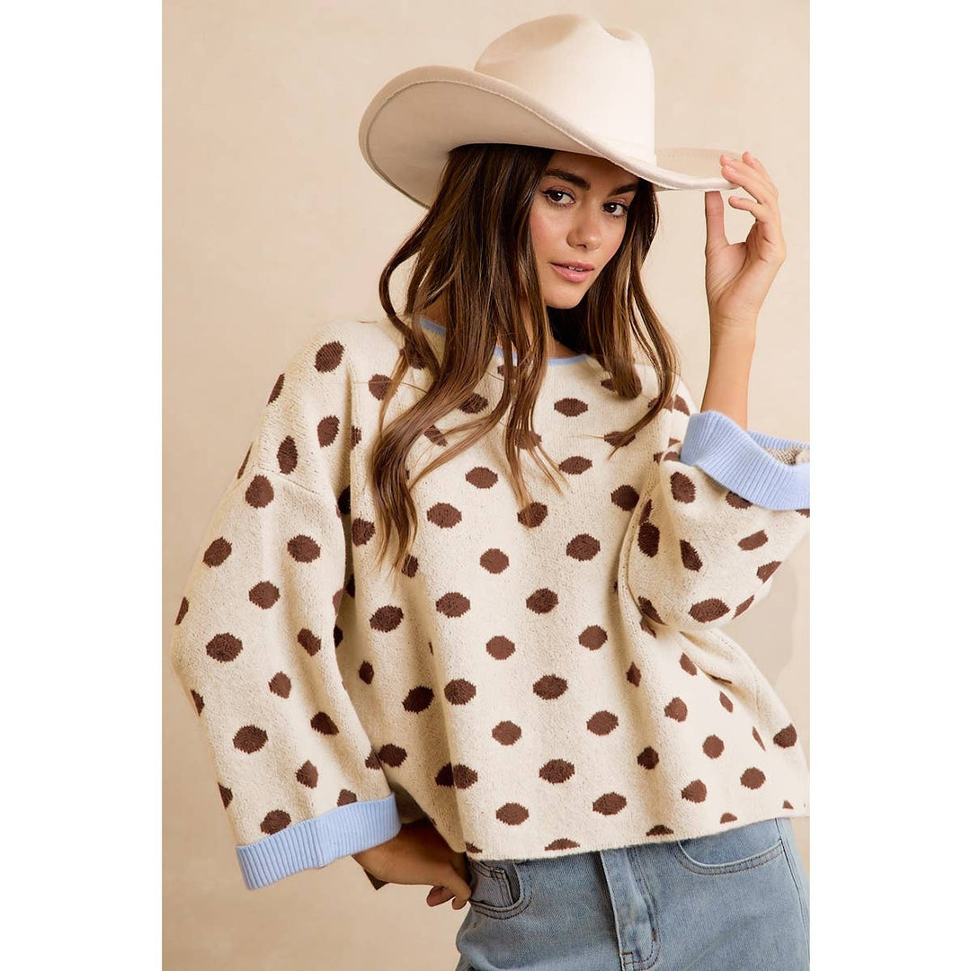 CONTRAST NECK AND ROLL UP DETAIL POLKA DOT SWEATER