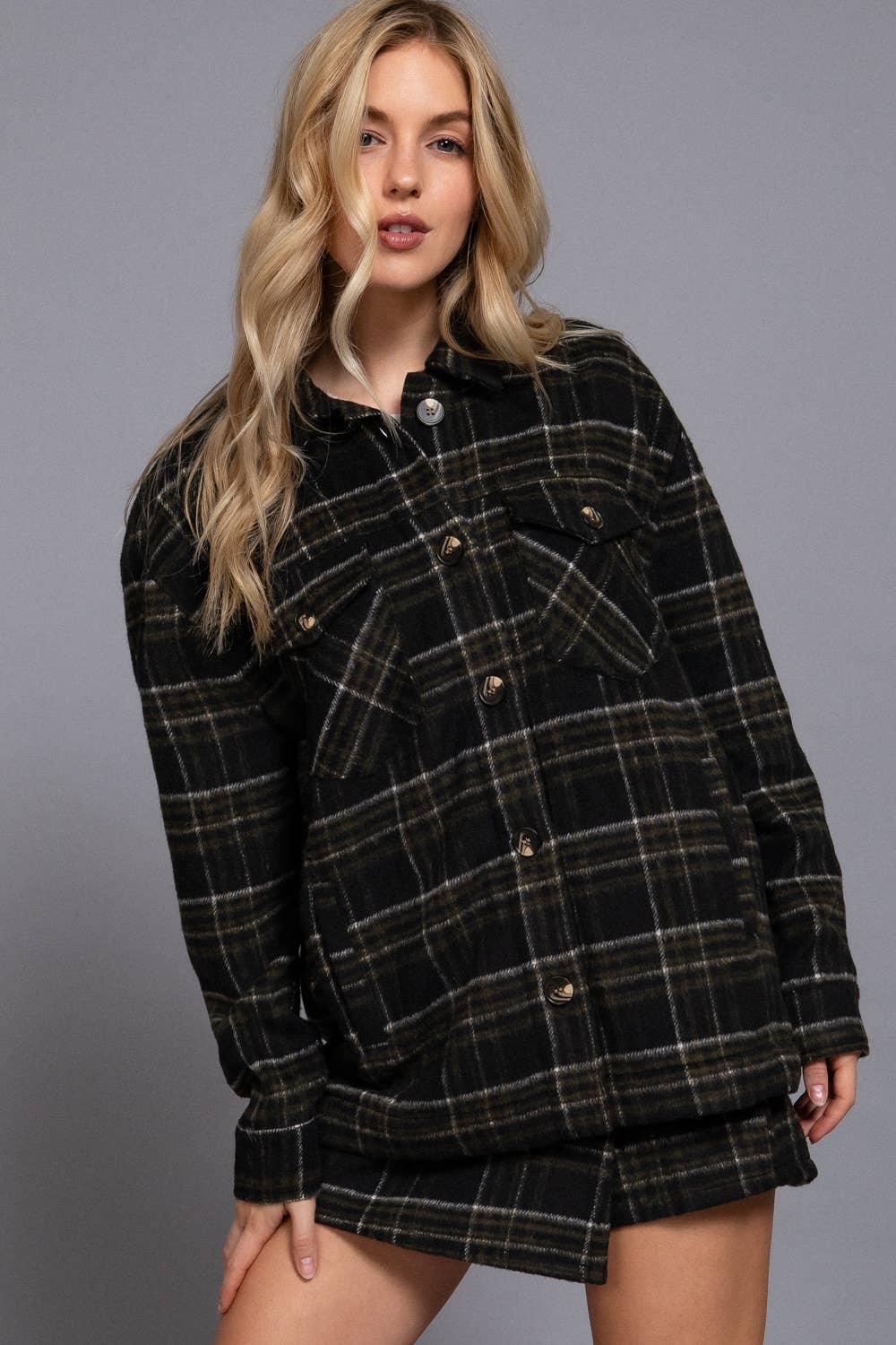 Outerwear - Long Sleeve Inside Faux Fur Brushed Plaid Jacket - - Cultured Cloths Apparel