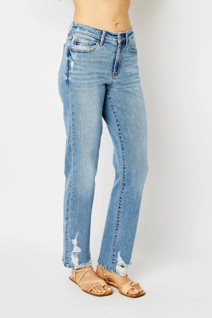 Denim - Judy Blue Full Size High Waist Straight Jeans with Heavy Destroy - - Cultured Cloths Apparel