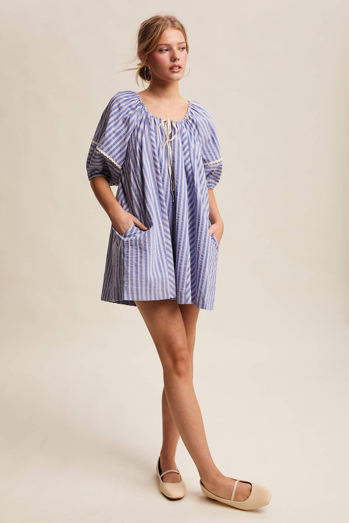 Romper - Striped Puff Sleeve Romper - - Cultured Cloths Apparel