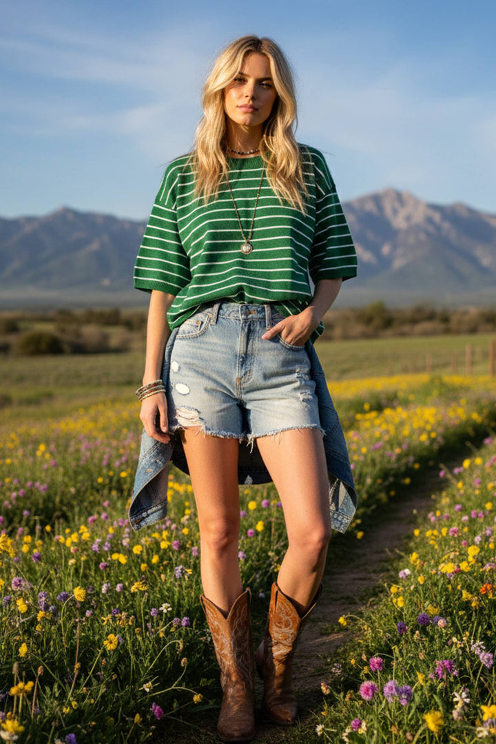 Oversized Striped Knit Short Sleeve Top