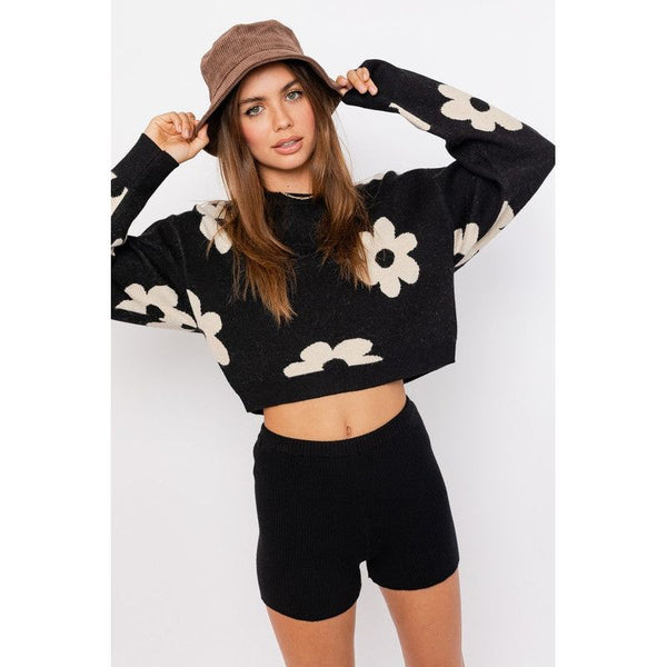  - LONG SLEEVE CROP SWEATER WITH DAISY PATTERN - BLACK-CREAM - Cultured Cloths Apparel