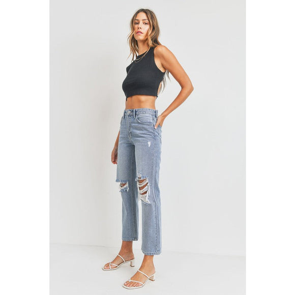 Denim - CROPPED DISTRESSED STRAIGHT JEANS -  - Cultured Cloths Apparel