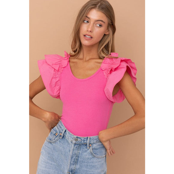 Women's Short Sleeve - Shoulder Puff Ruffle SLV Bodysuit - Pink - Cultured Cloths Apparel