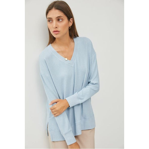 Women's Sweaters - V Neck Brushed Hacci Sweater - Dusty Blue - Cultured Cloths Apparel