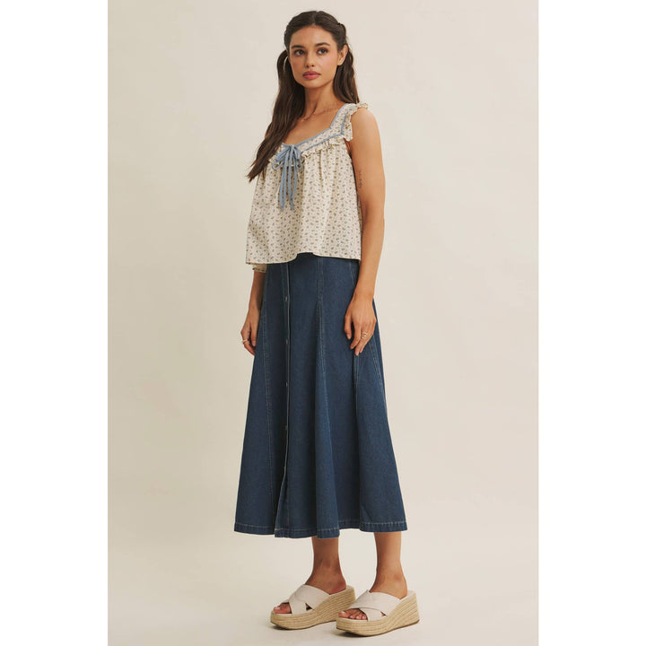 Women's Sleeveless - ANTIQUE MEADOW CONTRAST BINDING FLORAL RUFFLED BLOUSE TOP - - Cultured Cloths Apparel