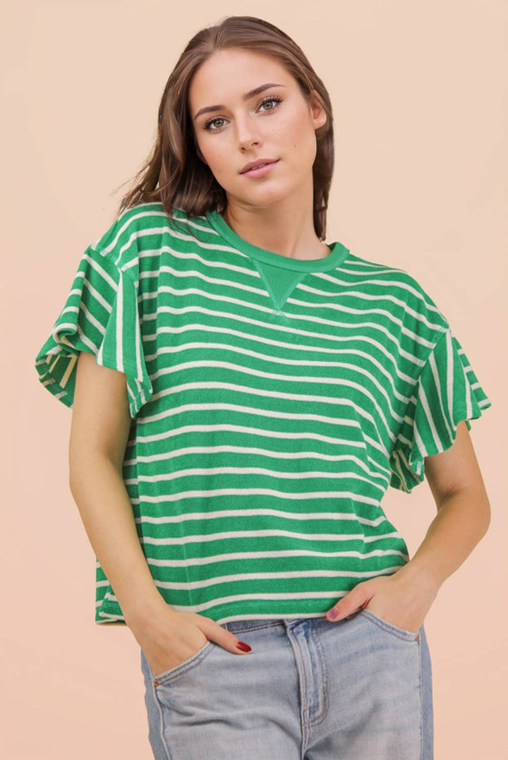 Oversized Ruffle Sleeve Casual Stripe Knit Top