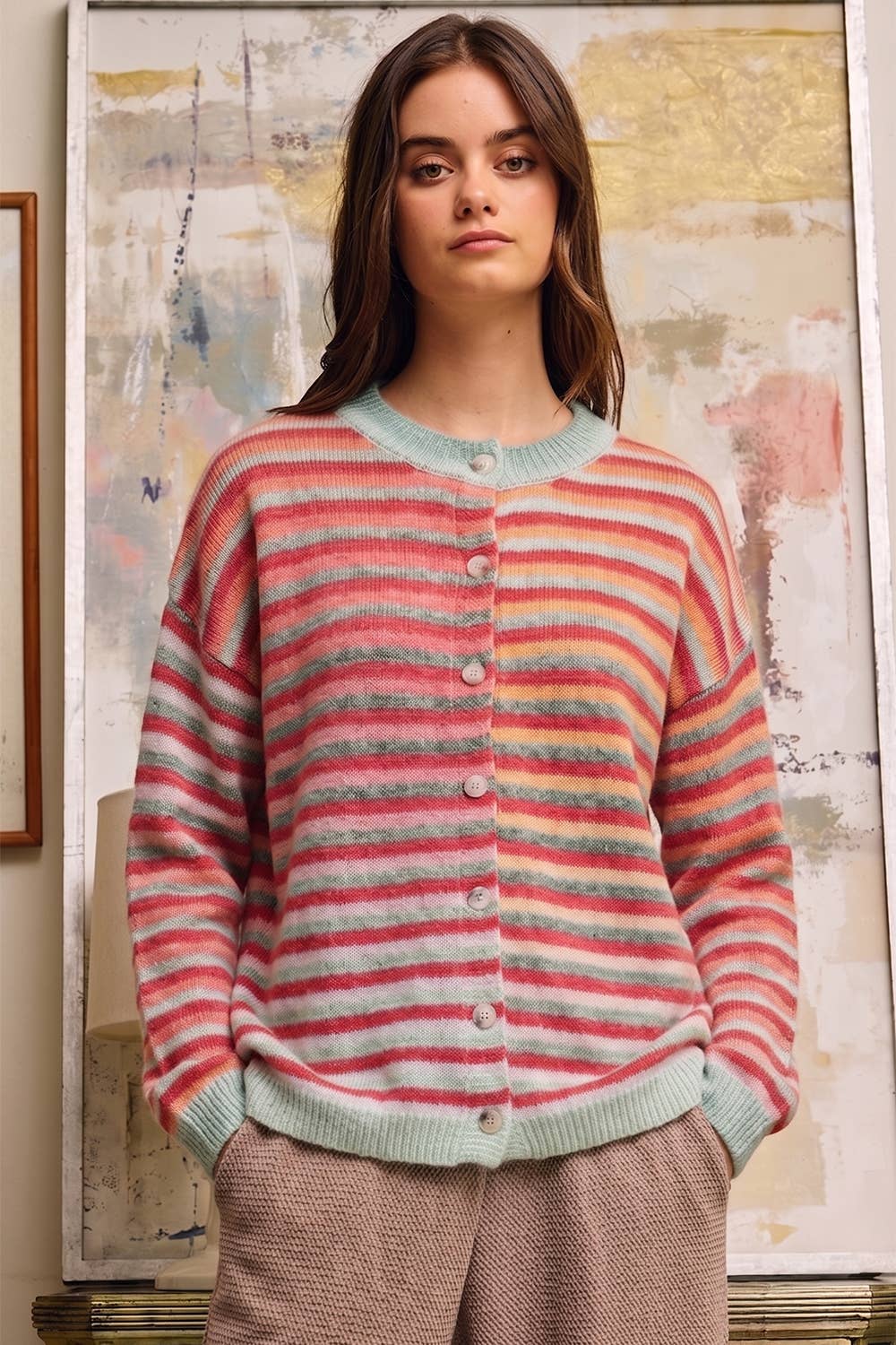 Cardigans - Space-Dye Striped Button-Down Cardigan - - Cultured Cloths Apparel