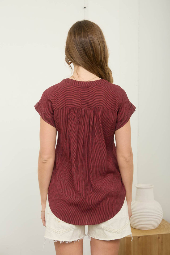 Women's Short Sleeve - PINSTRIPE SHORT CUFF SLEEVE BUTTON DOWN SHIRT - - Cultured Cloths Apparel