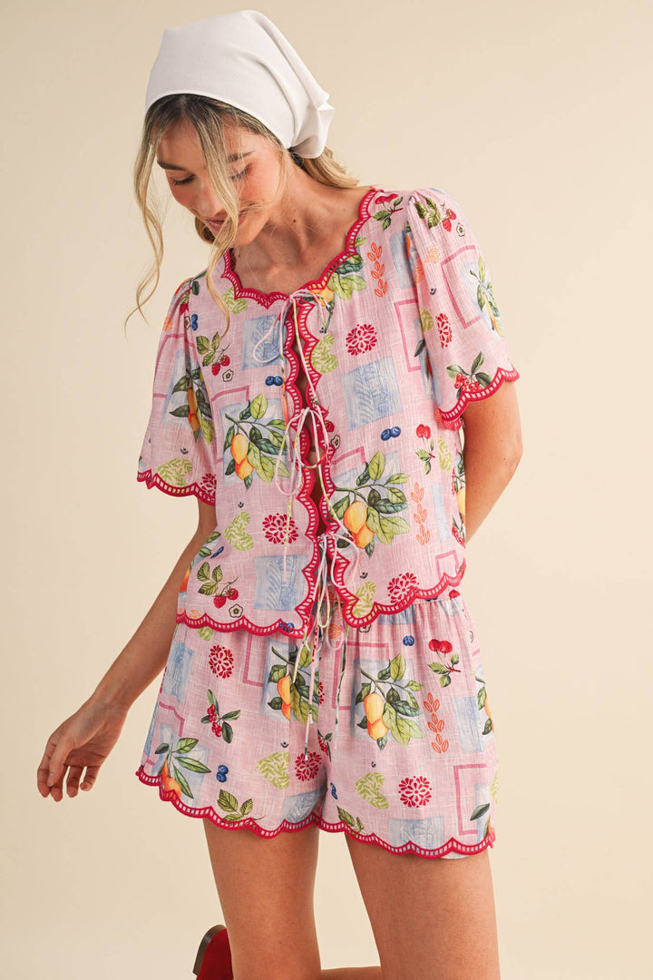 Romper - FRUIT PRINT EMBROIDERED SCALLOP TOP AND SHORTS SET - - Cultured Cloths Apparel