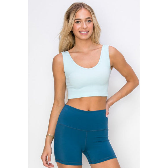 Women's Sleeveless - Ribbed Cropped Tank with Reversible Neckline - Baby Blue - Cultured Cloths Apparel