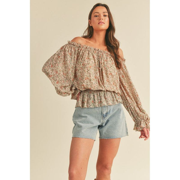 Women's Long Sleeve - Off the Shoulder Floral Blouse - Cream - Cultured Cloths Apparel