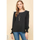 Women's Long Sleeve - Solid Top with Detailed Ruffle Shoulder - Black - Cultured Cloths Apparel