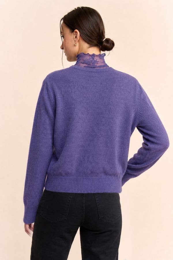 Lace High-Neck Layered V-Neck Sweater
