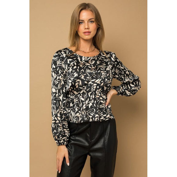 Women's Long Sleeve - Back Tie Peplum Floral Top - BLACK-TAUPE FLORAL - Cultured Cloths Apparel