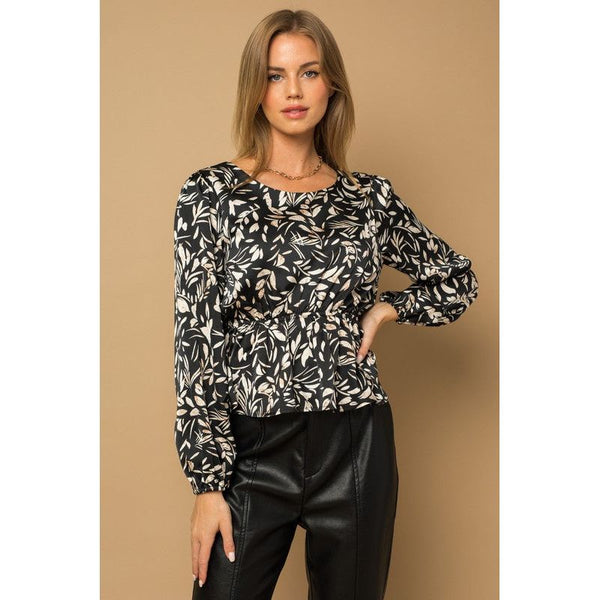 Women's Long Sleeve - Back Tie Peplum Floral Top - BLACK-TAUPE FLORAL - Cultured Cloths Apparel