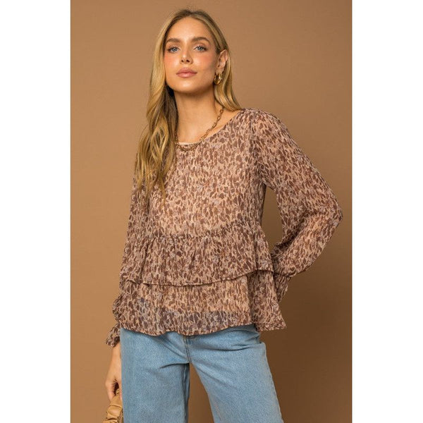 Women's Long Sleeve - L/S Ruffle Layered Abstract Print Top - BROWN ABSTRACT - Cultured Cloths Apparel