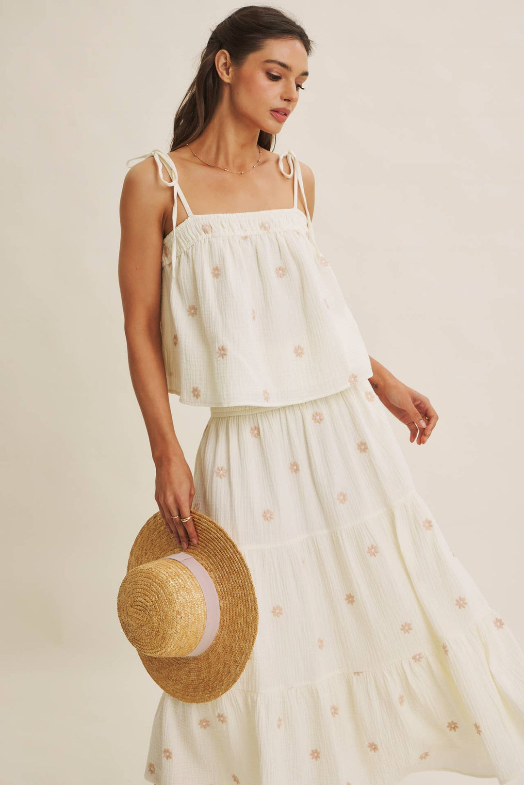 Women's Skirts - SUNSET FIELD EMBROIDERED COTTON GAUZE SMOCKED MIDI SKIRTS - - Cultured Cloths Apparel