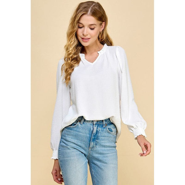 Women's Long Sleeve - Solid Top with Ruffled V Neck Details - Ivory - Cultured Cloths Apparel