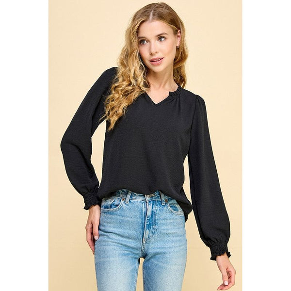 Women's Long Sleeve - Solid Top with Ruffled V Neck Details - Black - Cultured Cloths Apparel