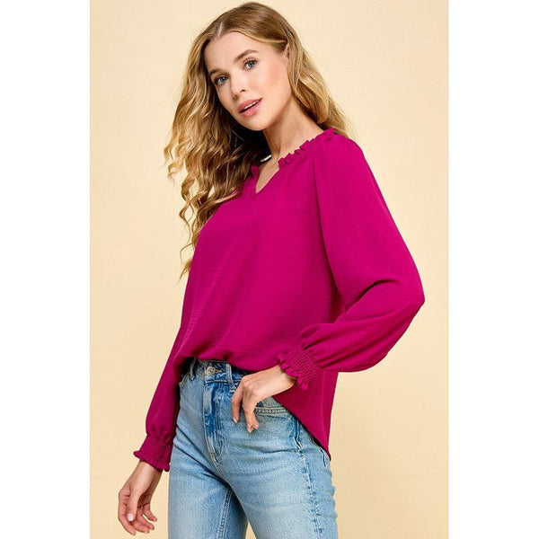Women's Long Sleeve - Solid Top with Ruffled V Neck Details -  - Cultured Cloths Apparel