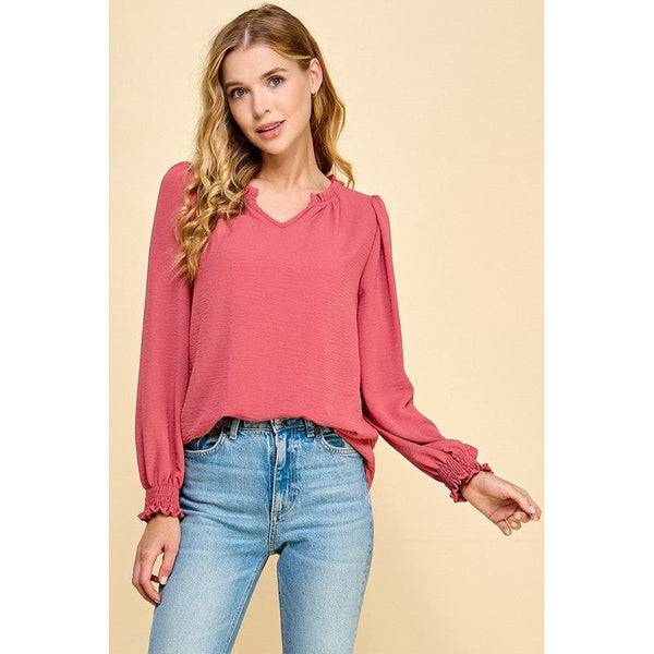 Women's Long Sleeve - Solid Top with Ruffled V Neck Details - Cotta - Cultured Cloths Apparel