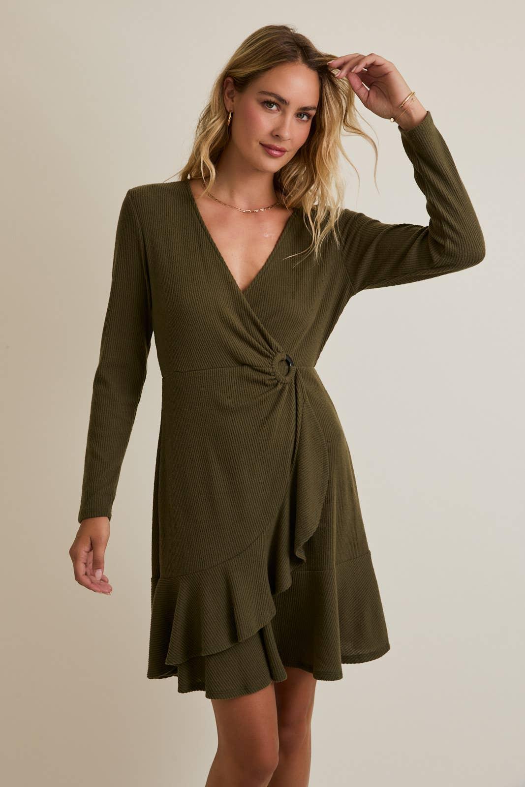 Women's Dresses - SURPLICE LONG SLEEVE O-RING TRIM MINI DRESS - OLIVE - Cultured Cloths Apparel