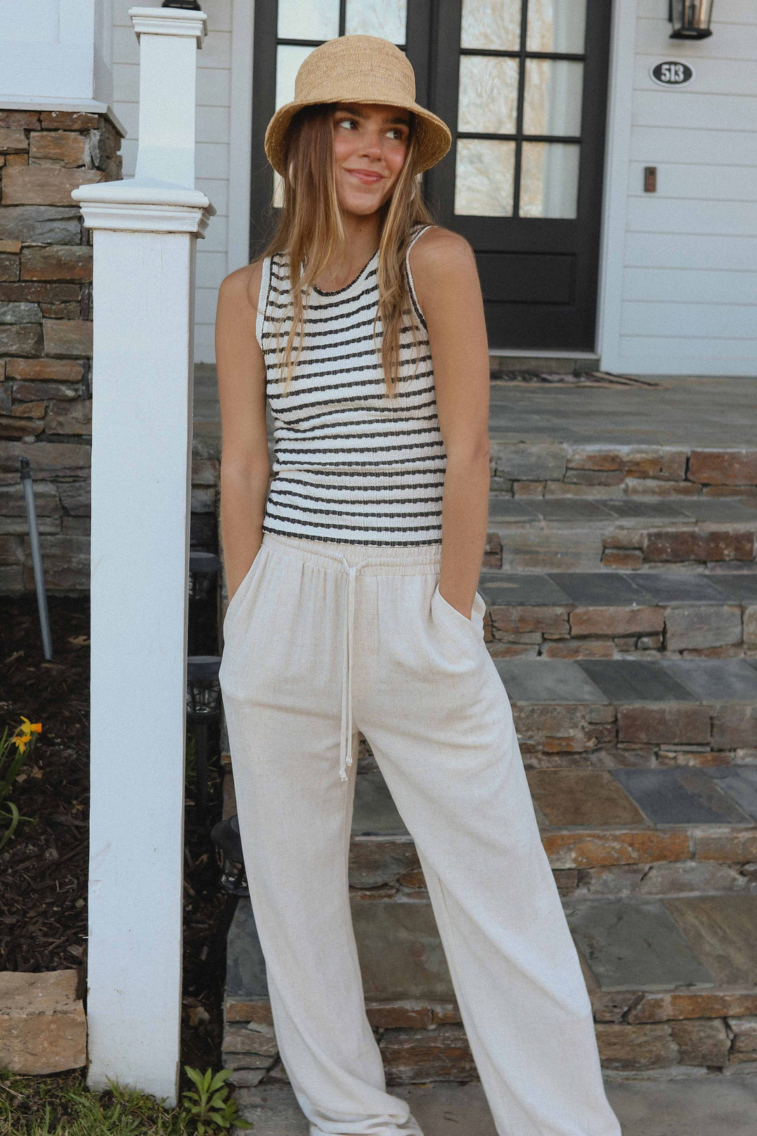 Women's Sleeveless - Striped Bonneville Knit Texture Top Oatmeal - - Cultured Cloths Apparel