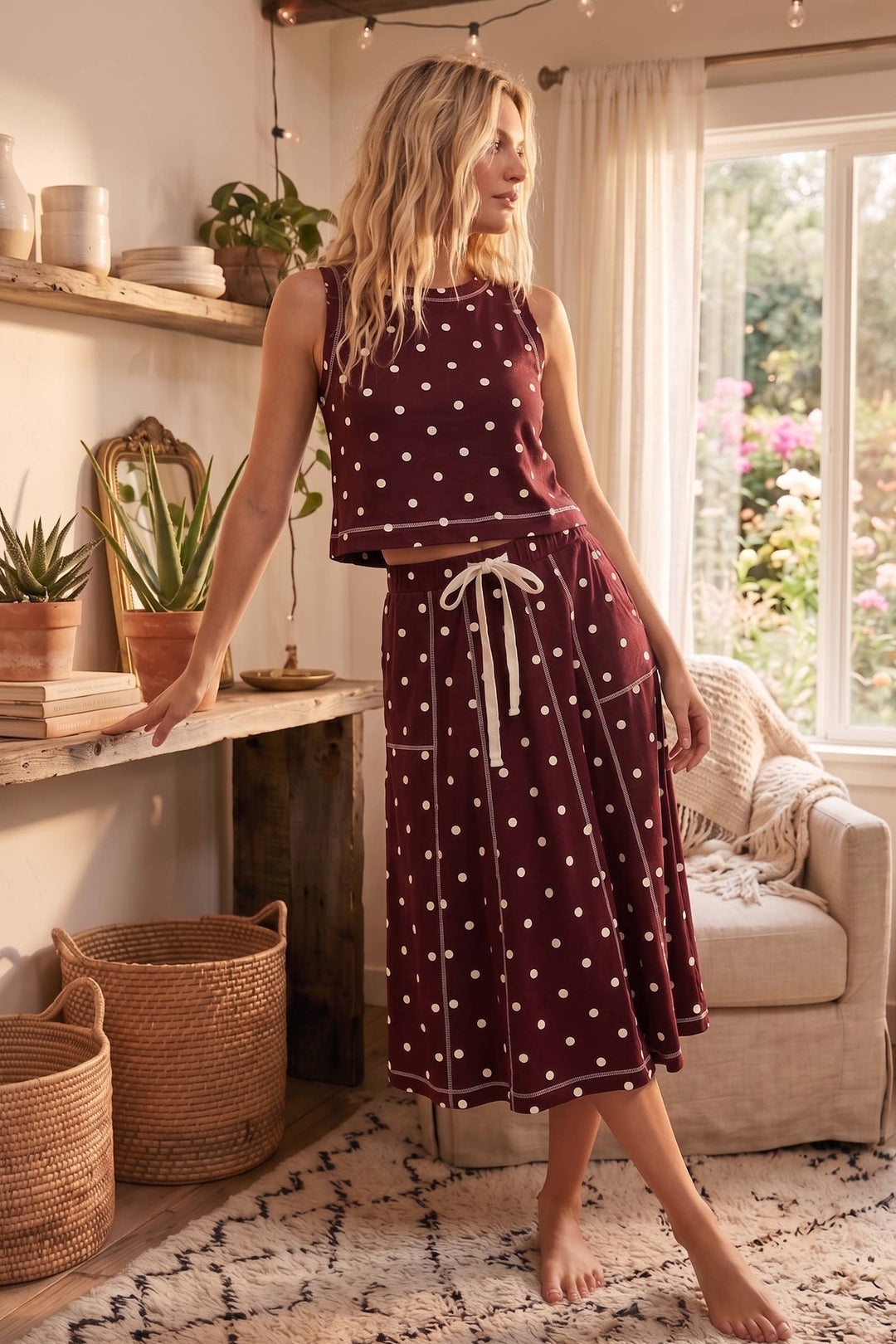 Retro Dot Tank & Midi Skirt Set