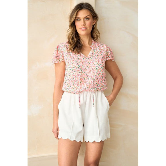 Women's Short Sleeve - Floral Printed Blouse with Smocked Yoke and Ruffle -  - Cultured Cloths Apparel