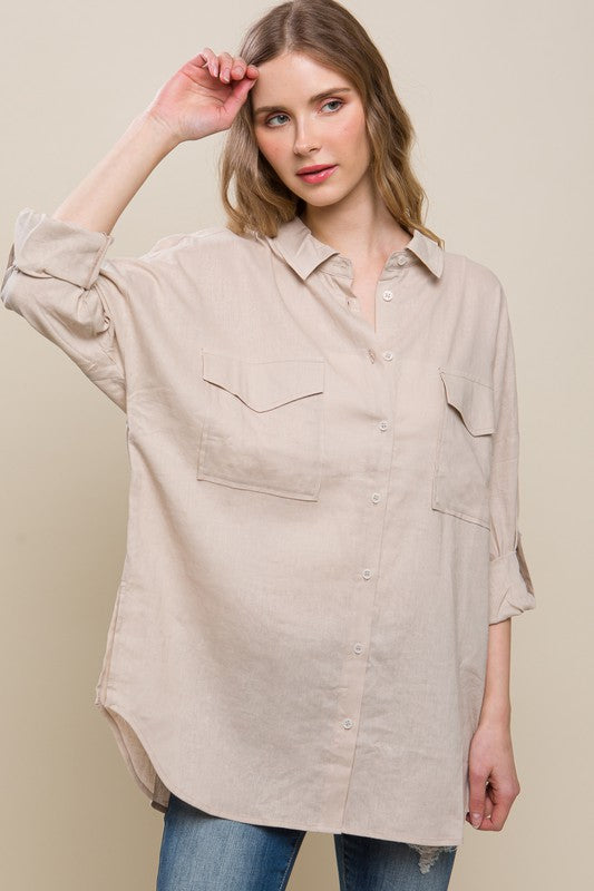 Women's Long Sleeve - Linen Oversized Double Pocket Button Down Shirt - KHAKI - Cultured Cloths Apparel