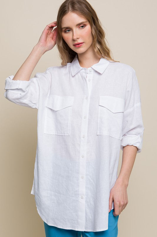 Women's Long Sleeve - Linen Oversized Double Pocket Button Down Shirt - WHITE - Cultured Cloths Apparel