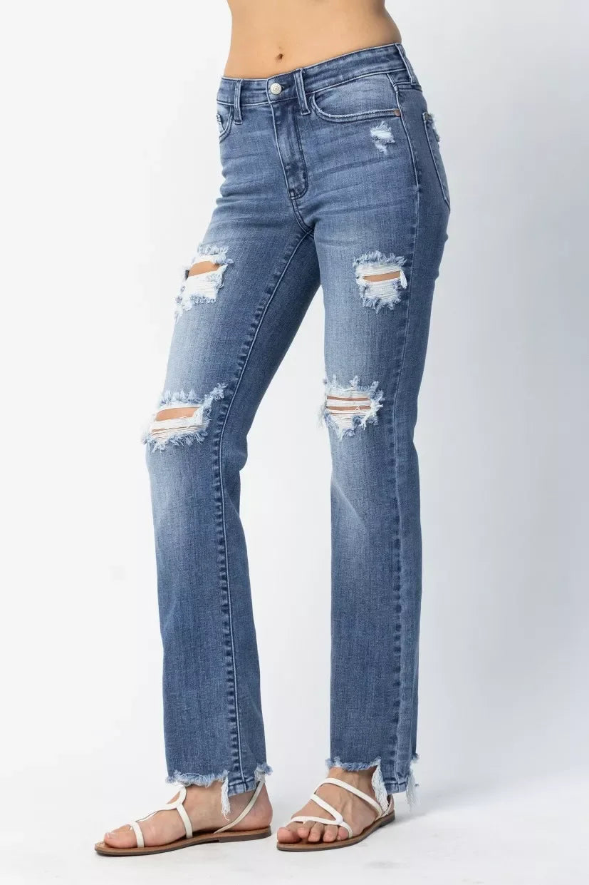 Denim - Judy Blue Full Size Mid Rise Destroy Straight Jeans Plus Size - - Cultured Cloths Apparel
