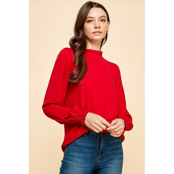 Women's Long Sleeve - Solid Top with Ruffled Neck and Smocked Sleeves -  - Cultured Cloths Apparel