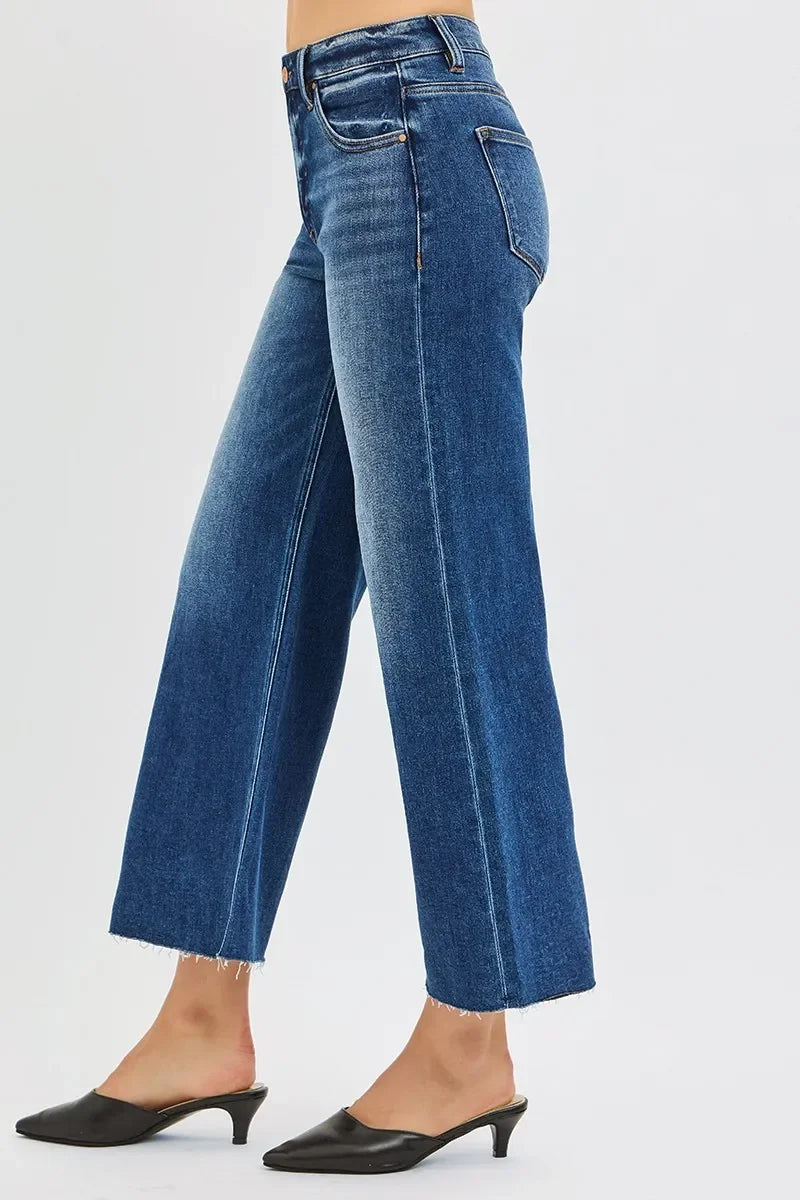 Denim - RISEN Full Size Mid Rise Crop Wide Raw Cut Hem Jeans - - Cultured Cloths Apparel