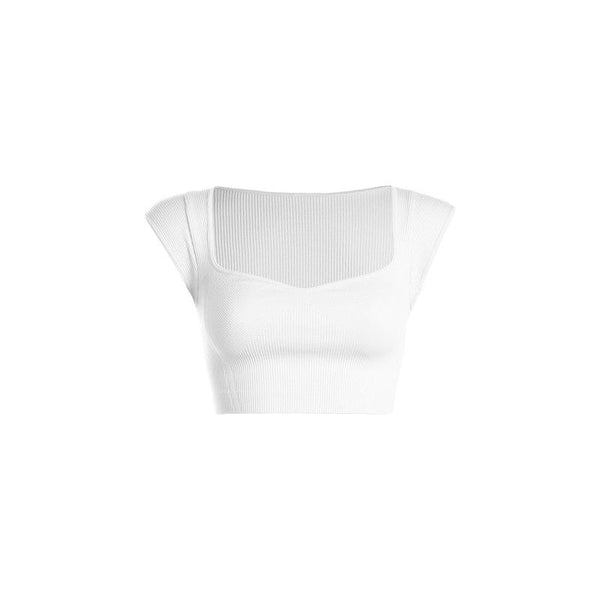 Athleisure - Ribbed Curved V-Neck Cap sleeve Top - White - Cultured Cloths Apparel