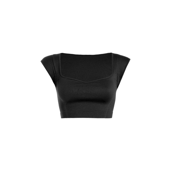 Athleisure - Ribbed Curved V-Neck Cap sleeve Top - Black - Cultured Cloths Apparel