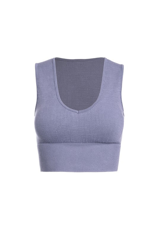 Athleisure - Ribbed Washed Rayon V-Plunge Crop Tank - Blue - Cultured Cloths Apparel