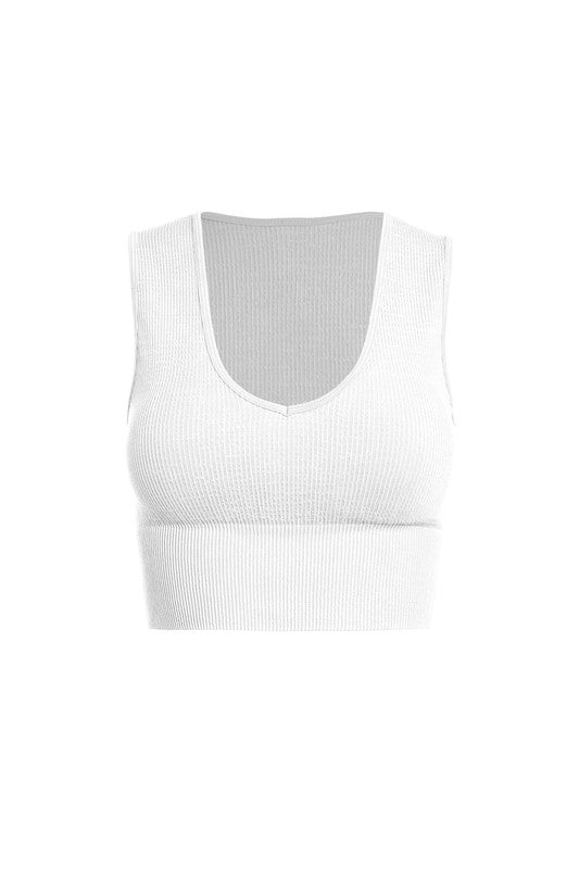Athleisure - Ribbed Washed Rayon V-Plunge Crop Tank - White - Cultured Cloths Apparel