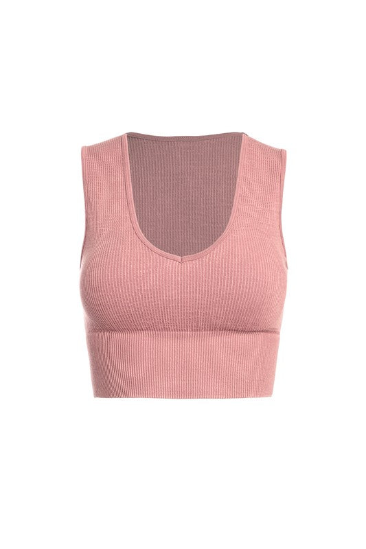 Athleisure - Ribbed Washed Rayon V-Plunge Crop Tank - Pink - Cultured Cloths Apparel