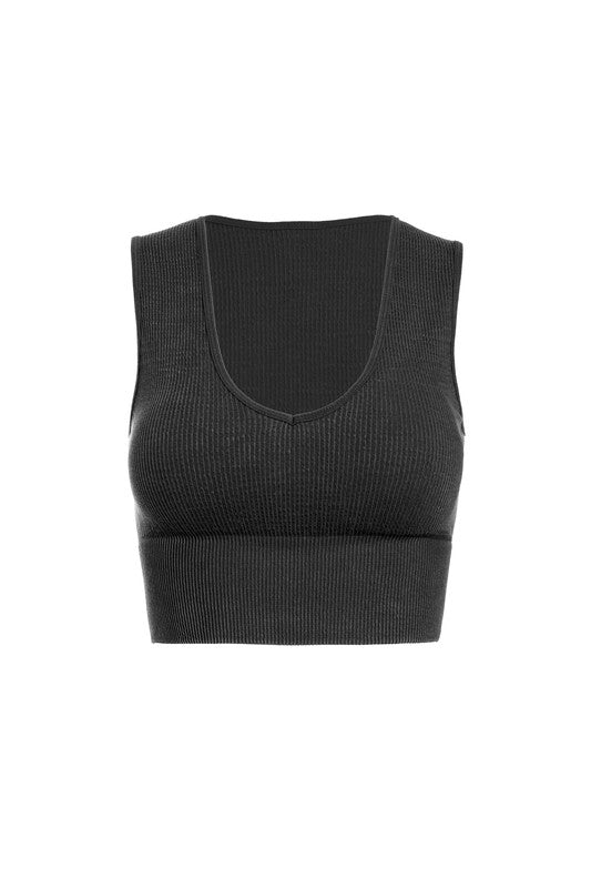 Athleisure - Ribbed Washed Rayon V-Plunge Crop Tank - Black - Cultured Cloths Apparel