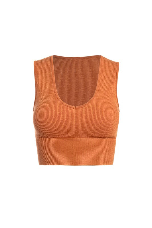 Athleisure - Ribbed Washed Rayon V-Plunge Crop Tank - Rust - Cultured Cloths Apparel